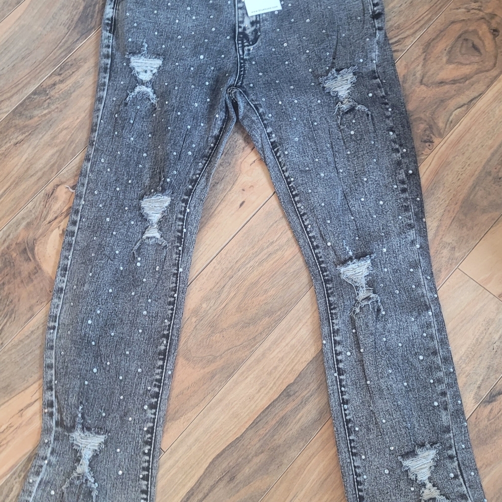 BLUE B Embellished Rhinestone Stud Distress Jeans, NWT, S, Charcoal, Fun Bling✨️